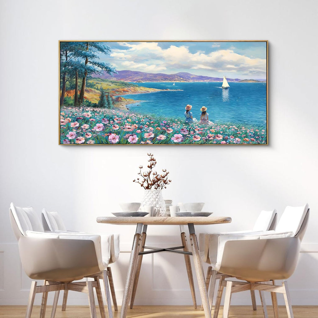 XLSJERST Large Landscape Wall Art - Blue Ocean Pink Flower Sailboat Mountain Tree Decor Orange Frame Artwork for Wall Large Picture for Living Room Bedroom Home Office Wall Decoration Size 24x48