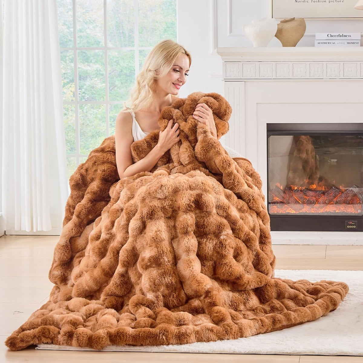 BENVWE Faux Fur Throw Blanket for Couch - Fluffy Soft Thick Bubble Blanket for Living Room Home Decor - Fathers Day Birthday Gifts for Women Men, Tie-dye Caramel, 50" x 60"