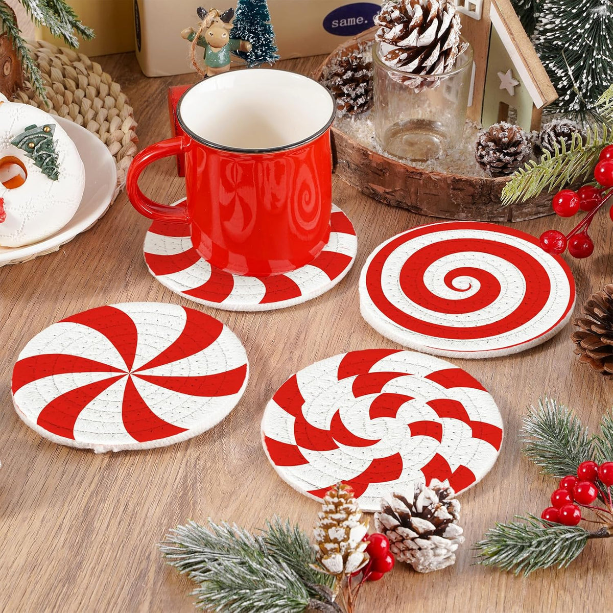 Whaline Christmas Candy Cotton Coasters Red White Peppermint Handmade Braided Drink Coasters Absorbent Cup Mats for Xmas Holiday Party Home Table Decor, Set of 4