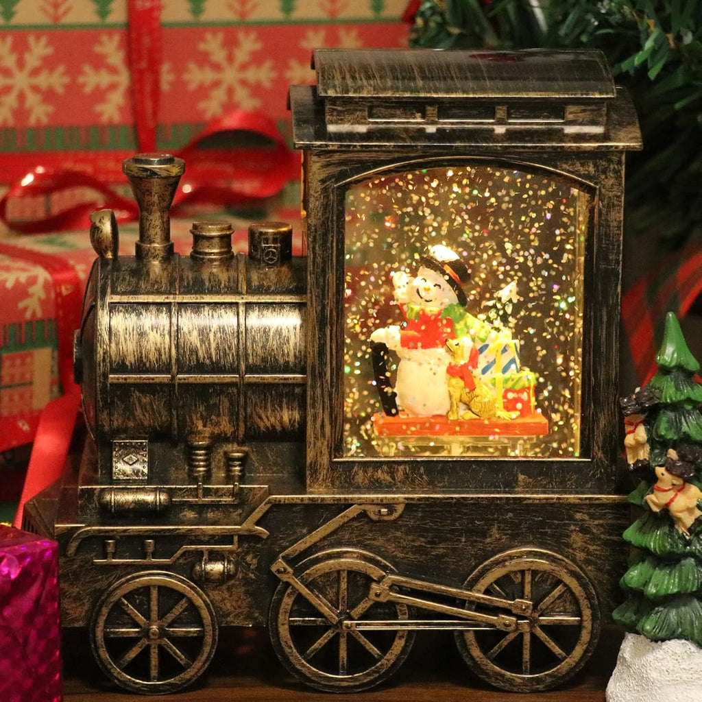 GenSwin Christmas Snow Globe Lantern Train Water Swirling Glitter with 6H Timer, Musical LED Lighted Battery Operated Snowman Scene for Christmas Home Decoration and Gift(Copper)