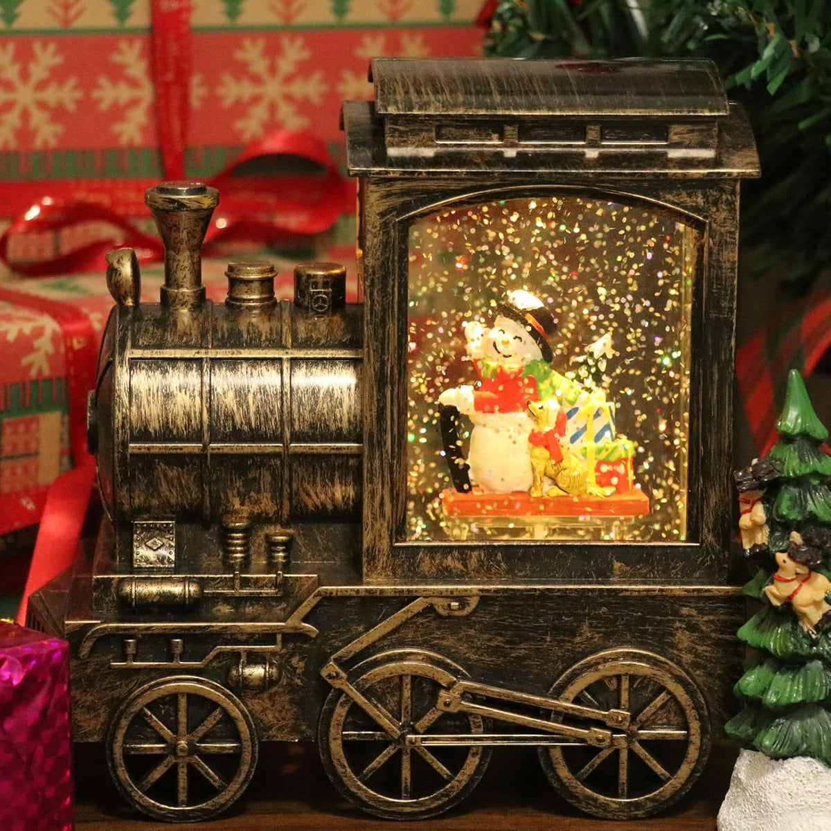 GenSwin Christmas Snow Globe Lantern Train Water Swirling Glitter with 6H Timer, Musical LED Lighted Battery Operated Snowman Scene for Christmas Home Decoration and Gift(Copper)