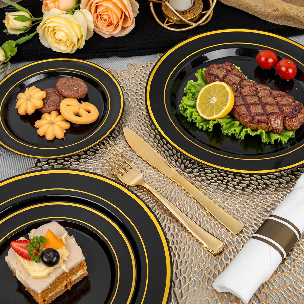 175PCS Black and Gold Plates - Black Disposable Plates for Party - 25Guests Disposable Dinnerware Set for Halloween/New Year/Wedding
