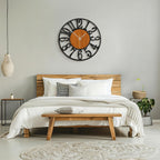 Maxstar Round Wall Clock for Living Room Decor Battery Operated Non Ticking Black Metal Wood Clocks for Home Living Room Garden Office Kitchen Decoration -13 inch