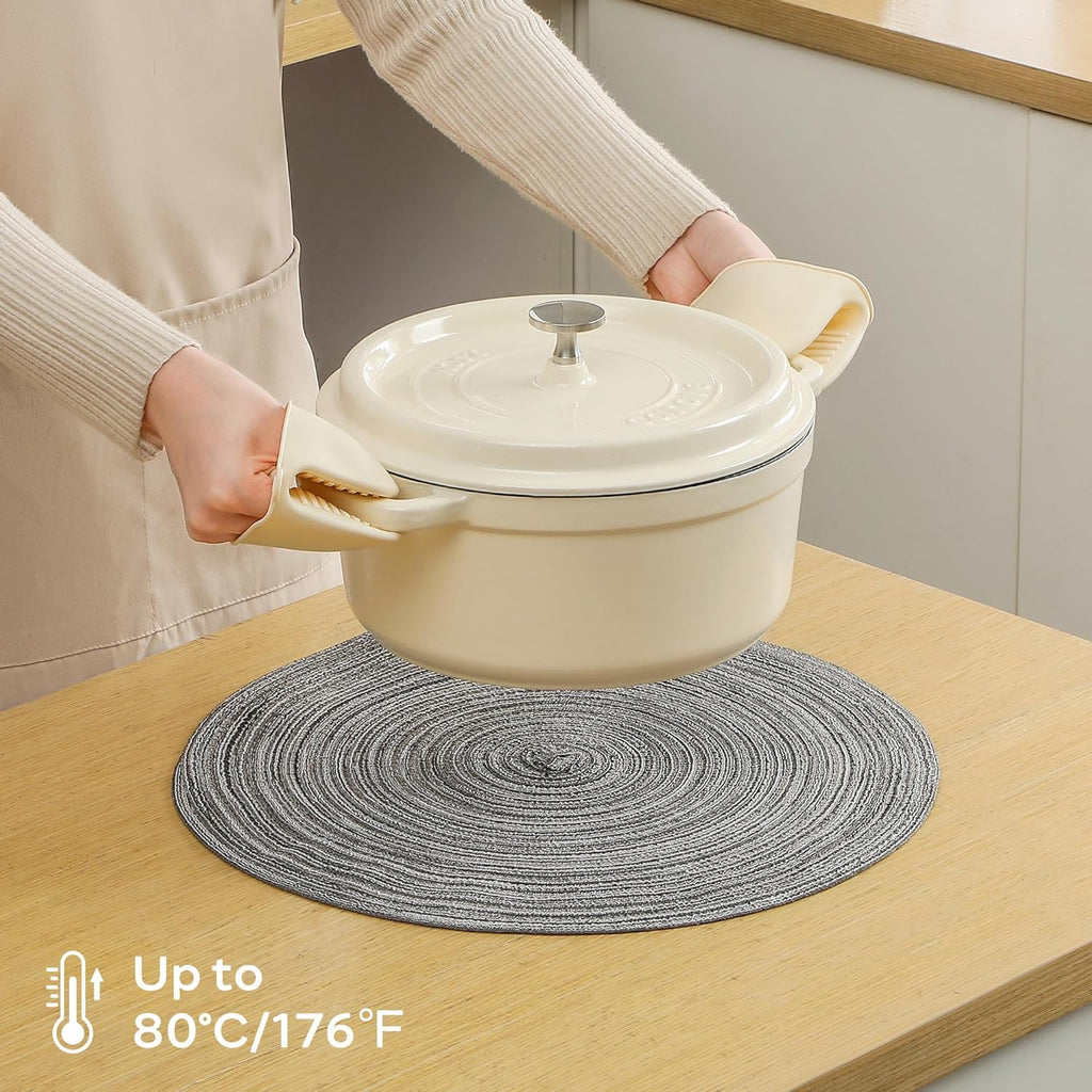 Leetaltree Round Placemats Heat and Slip Resistant Cotton Table Mats, Washable Bohemian Placemats for Dining Tables (Charcoal, Set of 8)