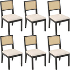 Westice Rattan Dining Chairs Set of 6, Farmhouse Natural Dining Room Chairs with Upholstered Cushion, Wood Armless Chairs for Kitchen/Restaurant, Black
