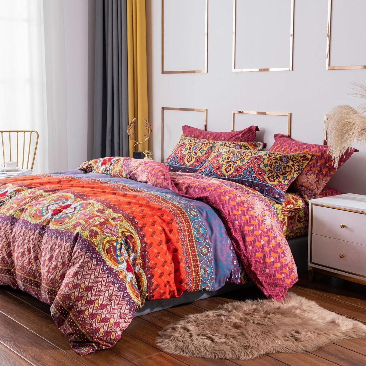 ABREEZE Bohemian Duvet Cover Set Colorful Orange Boho Retro Bedding Set Damask Paisley Cotton Duvet Cover Tribal Reversible Bedding Exotic Style Comforter Cover 3-Piece Full