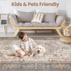 Washable Area Rugs for Living Room - 8x10 Neutral Vintage Distressed Floral Farmhouse Boho Large Soft Floor Rug Indoor Non Slip Carpet for Bedroom Dining Room Office -Forest Green Orange