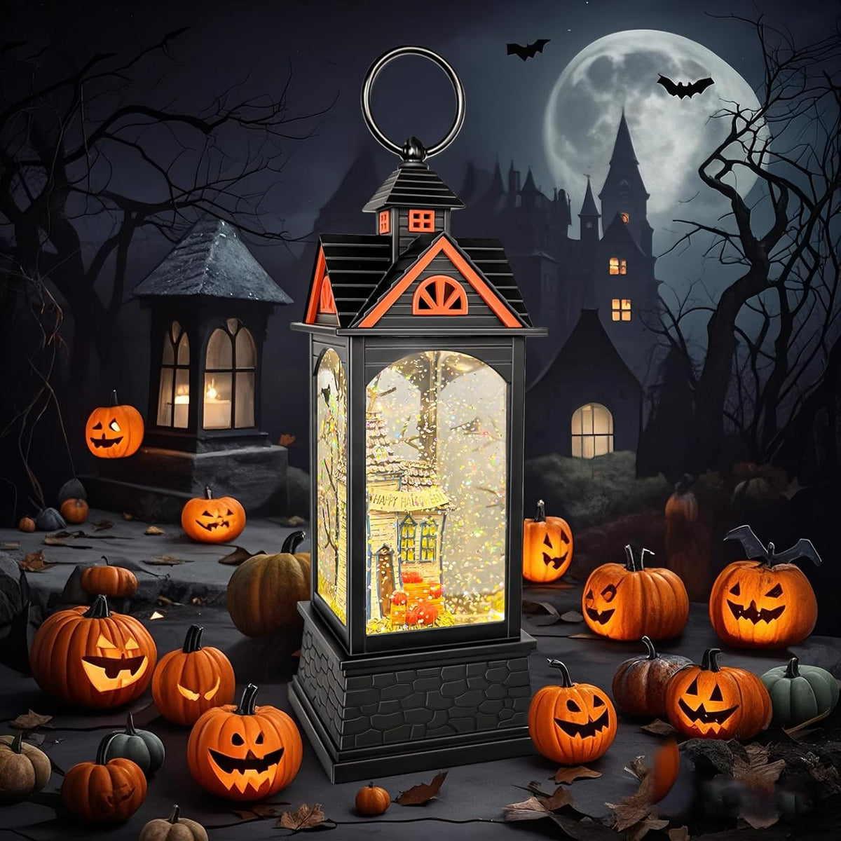 Halloween Snow Globe Lantern, Spooky Ghost Halloween Decor, Plug-in & Battery Operated Snow Globes for Halloween Decorations Indoor