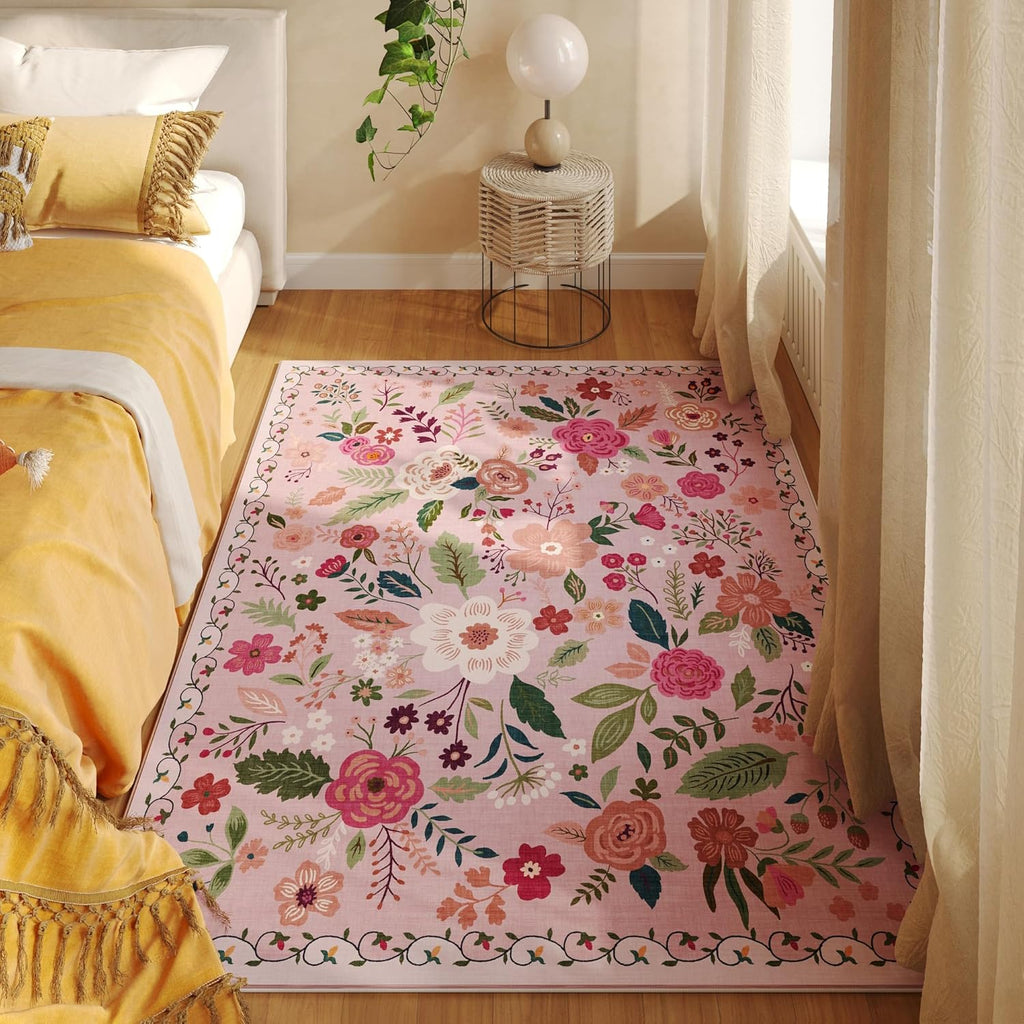 Bedroom Rug 3x5 Rug Washable Area Rug Non Slip Low Pile Boho Floral Small Carpet for Bedroom, Bedside, Kitchen, Entryway, Kids Room, Office, College Dorm Essentials for Girls(Pink)