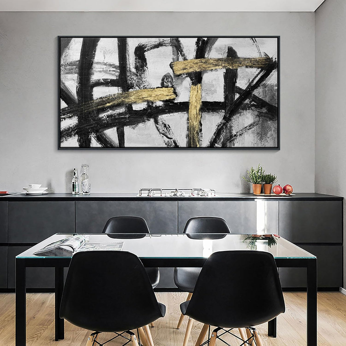 CHATYOUNG Large Framed Wall Art, Black and White Gold Graffiti Modern Abstract Paintings Hand Drawn Textures Canvas Prints Wall Pictures for Bedroom Living Room Office Decor 24 x 48 In