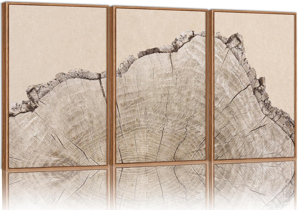 SIGNINART Large Tree Ring Framed Canvas Wall Art Set, Rustic Beige Wooden Wall Decor, Neutral Nature Wood Stump Artwork, Modern Art Prints for Bedroom Living Room Office 24"x36"x3