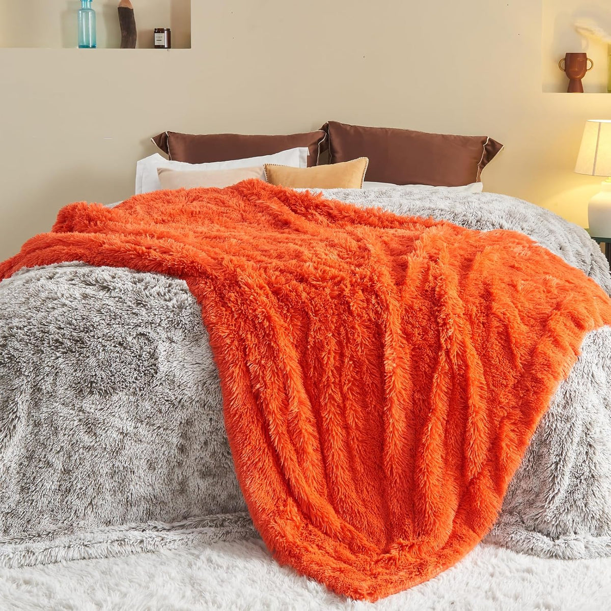 GONAAP Fuzzy Faux Fur Throw Blanket Queen Size Orange Super Soft Cozy Plush Fuzzy Shaggy Blanket for Couch Sofa Bed (Orange, Queen(90"x90"))