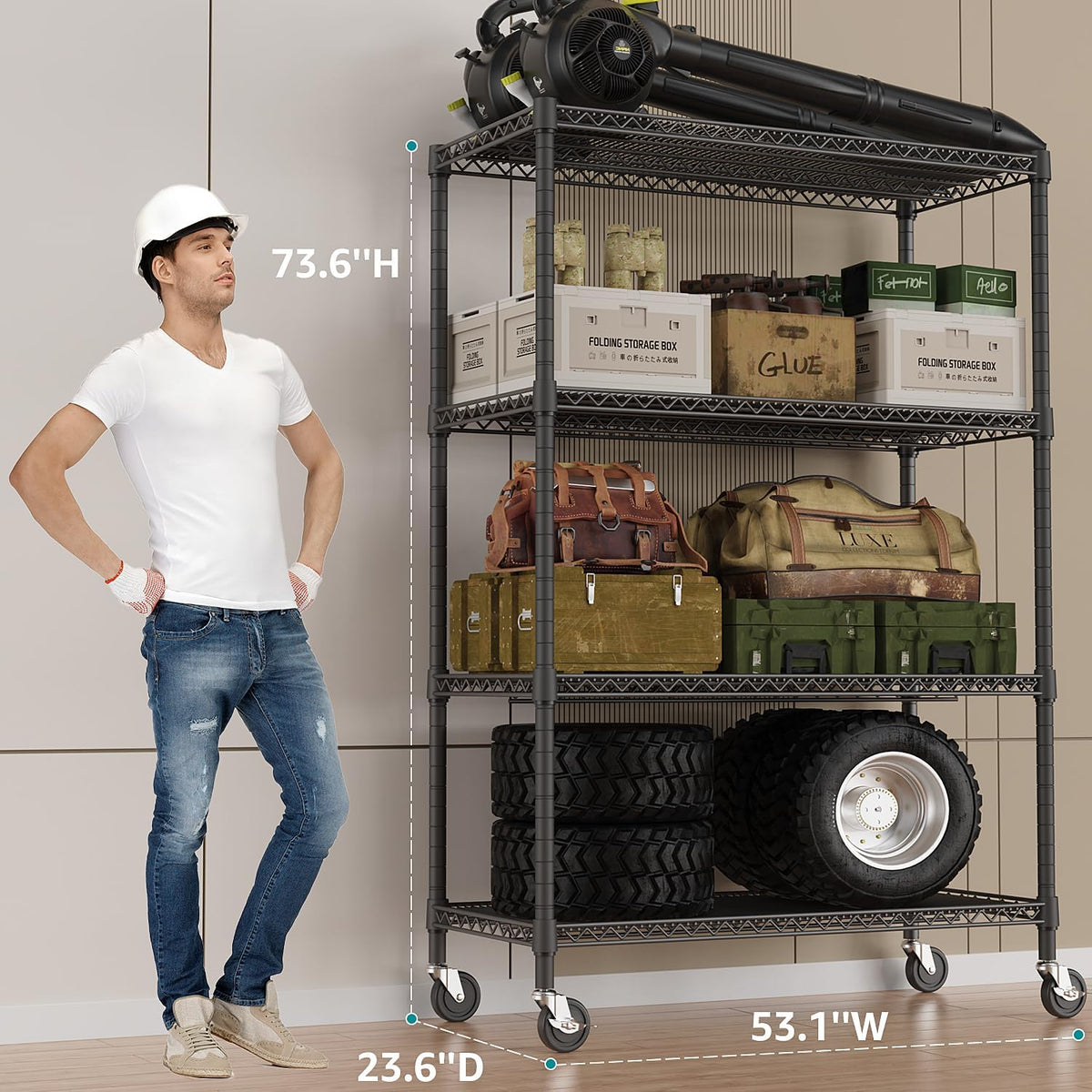 IZEUK Garage Shelving Wide Storage Shelves 4 Tier Metal Shelves 3200 LBS Heavy Duty Adjustable Utility Shelf Rack Black 23.6" D x 53.1" W x 73.6" H