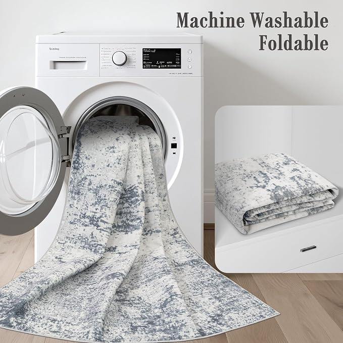 2x6 Washable Runner Rug：Modern Abstract Soft Carpet Blue Grey | - Image 6