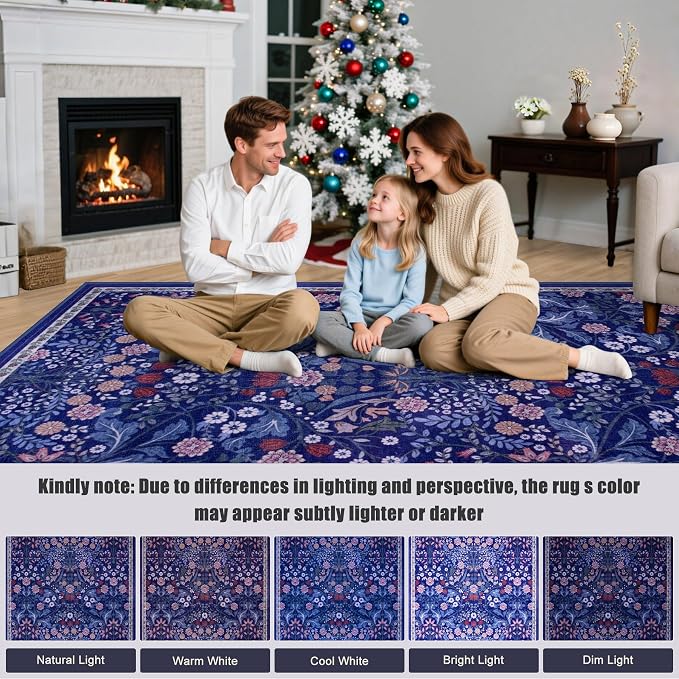 PLHXFR Round Area Rug Living Room: 8 ft Floral Washable Soft Carpet Blue | - Image 9