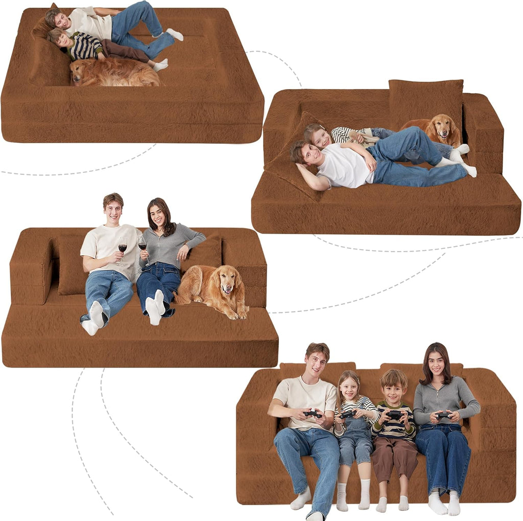 Folding Bean Bag Chair for Adults,3-in-1 Bean Bag Couch Faux Fur Floor Sofa Large Beanbag Convertible Bean Bag Sofa Bed with Pillow in Bedroom,Living Room,Apartment(Queen,Caramel)