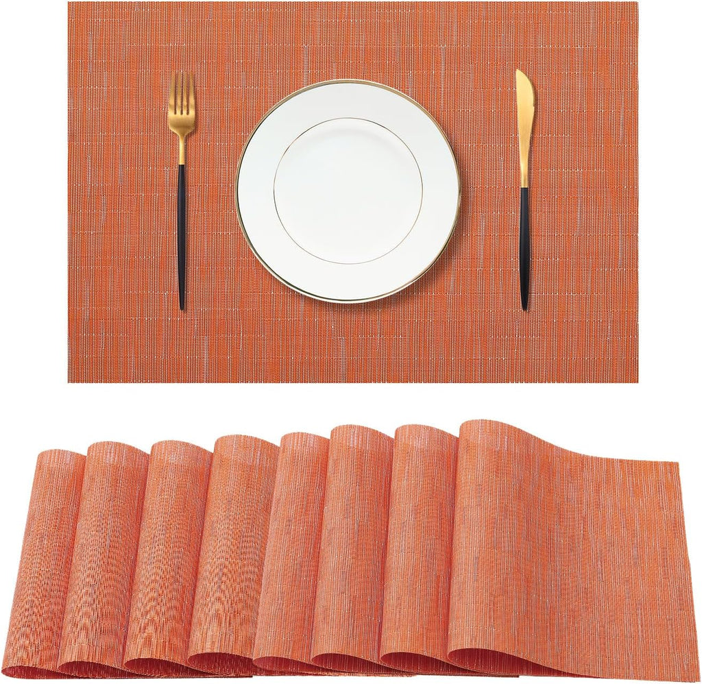 Leetaltree Orange Placemats Set of 8 - Heat Resistant Non-Slip Place mats for Dining Table, Washable Durable PVC Vinyl Woven Table Mats（Orange, 8）