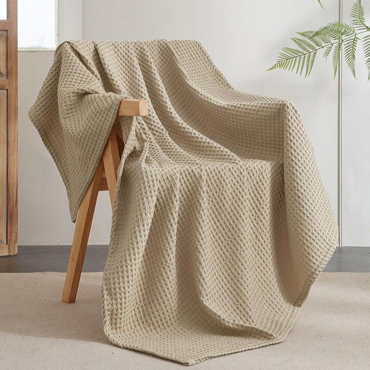 PHF Ultra Soft Waffle Weave Throw Blanket 50"x 60"- Washed Lightweight Breathable Cozy Woven Blanket for Bed - Aesthetic Decor for Couch Bedding Sofa Home Car - Khaki