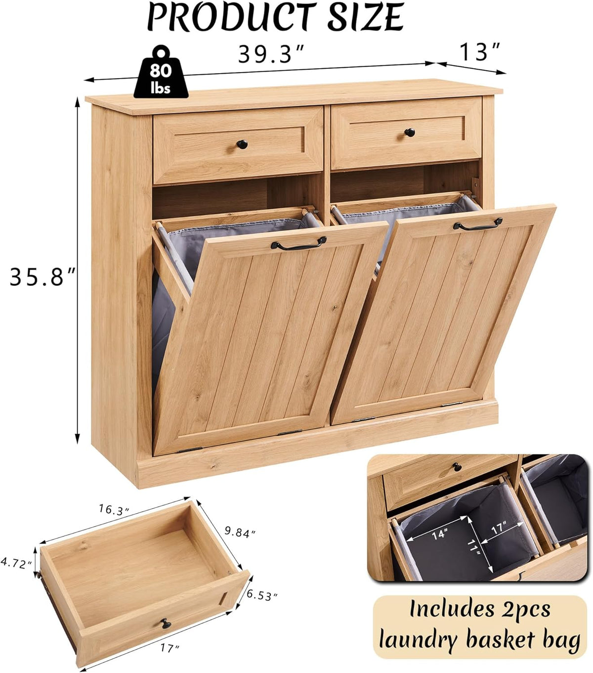 Double Tilt Out Laundry Hamper Cabinet, 20 Gallon Farmhouse Trash Can Cabinet with Drawer, Hidden Wood Garbage Can Bin Cabinets with Laundry Storage Basket for Bathroom, Kitchen (Natural)