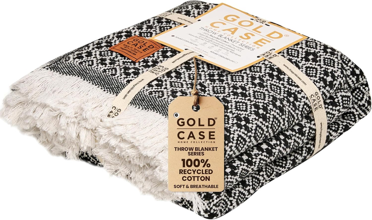 Gold Case Throw Blanket for Couch - 100% Recycled Turkish Cotton Blankets & Throws - Retro Soft Throw Blankets for Living Room Sofa - Boho Decorative Woven Throws for Couch - 60x80 - Black