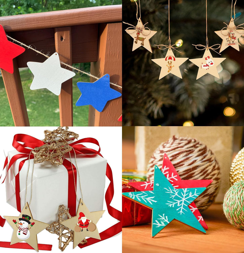 FCECOR 4" 100PCS Wooden Stars for Crafts, Wood Stars for 4th of July Kids Crafts Wood Slices DIY Crafts Supplies, Unfinished Wooden Ornaments for DIY Christmas Crafts Projects