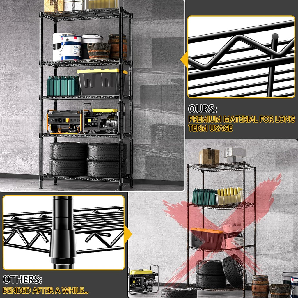 1250 lbs 5 Tier Shelf Metal Storage Shelves Shelving Wire Rack Heavy Duty Closet Organizers for Garage Kitchen Bathroom Laundry Black 15.7" D x 33.5" W x 68.5" H