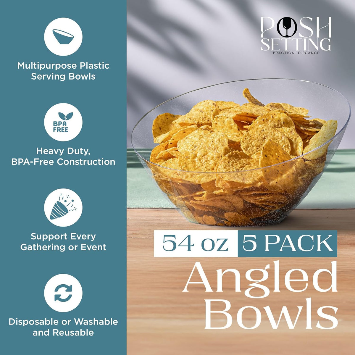 Posh Setting - Silver Plastic Serving Bowls Angled & Candy - Salad & Fruit Serving Bowls Wedding - 8 OZ, Glitter, 5 Pack