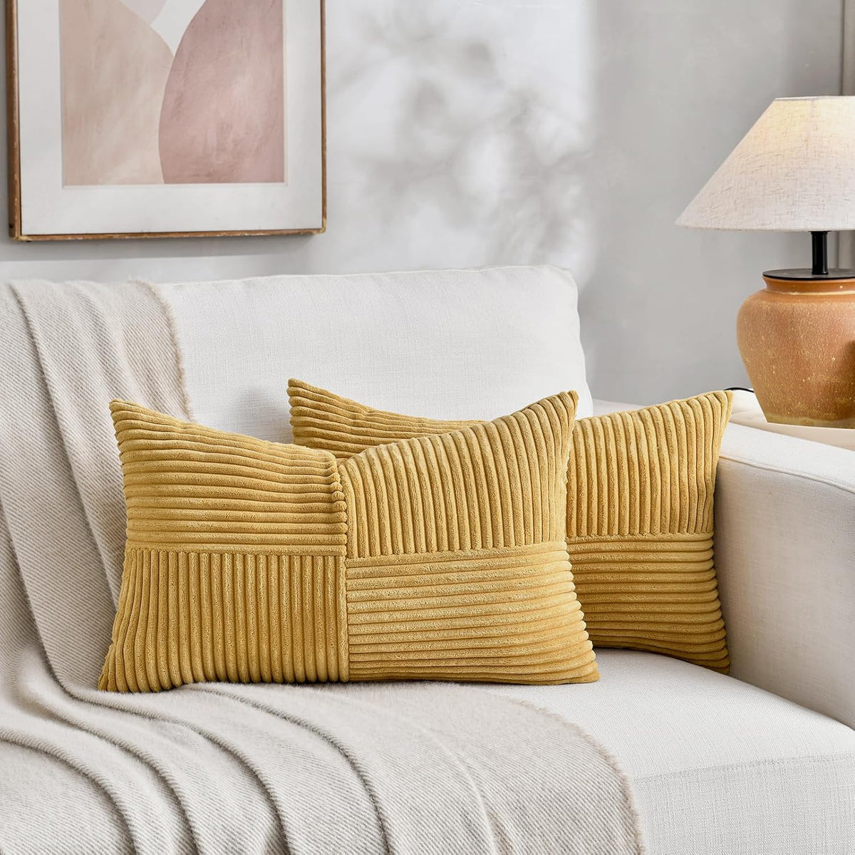Fancy Homi 2 Packs Mustard Yellow Long Lumbar Decorative Throw Pillow Covers 16x24 Inch for Couch Bed, Rustic Farmhouse Boho Home Decor, Soft Striped Corduroy Rectangle Accent Cushion Case 40x60 cm