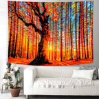 Delur Sunset Forest Tapestry Tree of Life Tropical Rainforest Landscape Tapestry Wall Hanging Scenic Nature Woodland Natural Sunrise Headboard for Bedroom Living Room Home Decor (59.1" x 78.7")