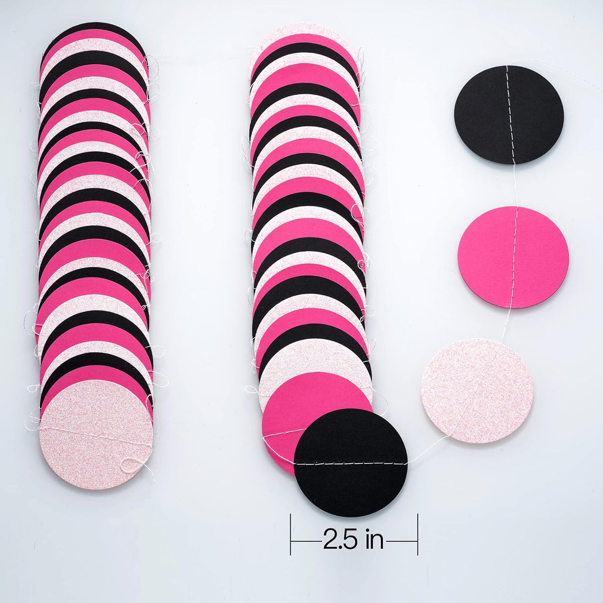 WEVEN Hot Pink Black Iridescent Glitter Paper Garland Circle Dot Streamers Party Banner for Birthday Decorations Supplies, 2.5" in Diameter, 20 Feet in Total