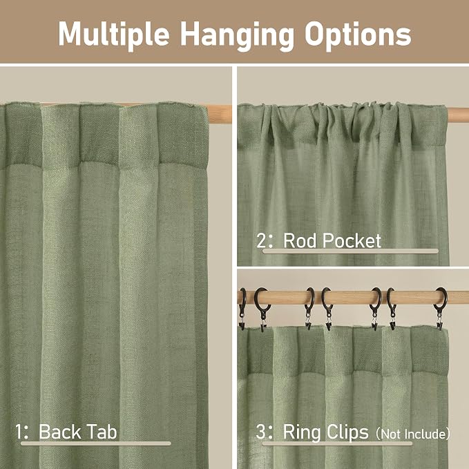 Sage Green Light Filtering Linen Curtains 68 inches Long - Image 3