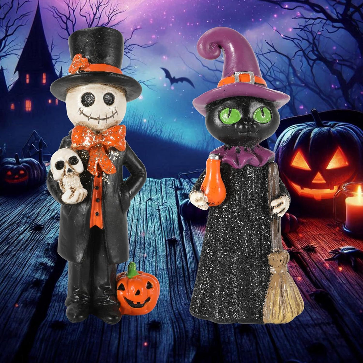 Cute Halloween Decor - 2-Pack 4.5'' Resin Skeleton Gentleman and Witch Broom Figurines - Indoor Halloween Decorations for Home Mantle Fireplace Party Gifts (Ghost & Witch)