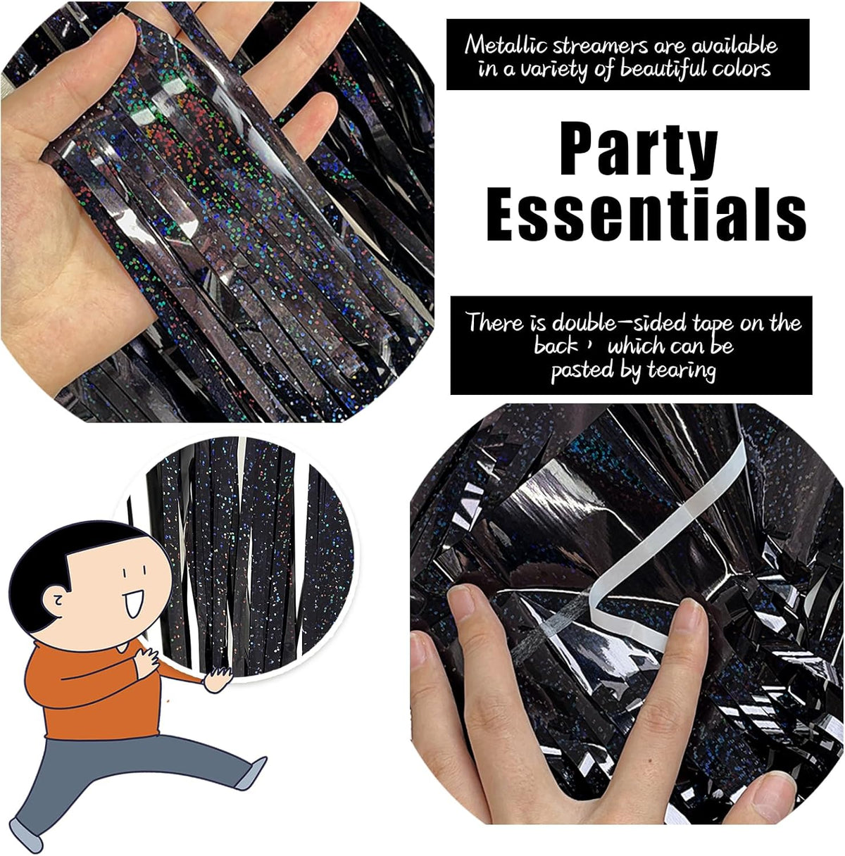 3 Pack Black Party Streamers Backdrop Tinsel Foil Fringe Curtains Halloween Party Decorations Birthday Wednesday Party Decorations Graduation Halloween Decor Party Supplies