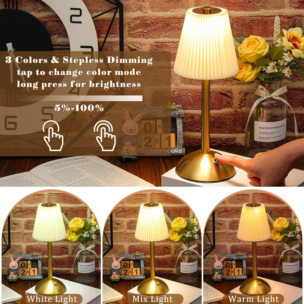 Liliful 2 Pcs LED Portable Cordless Table Lamp Touch Battery Operated Rechargeable Desk Lamp 3 Color Dimmable for Bedroom Living Room Dining (Beige Cloth Style,Gold)