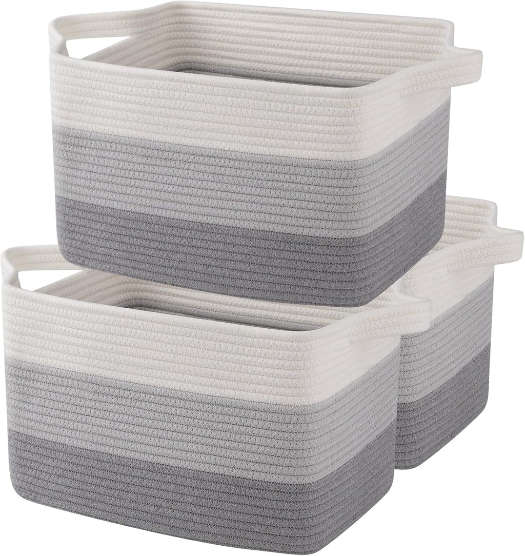 OIAHOMY Storage Basket, Woven Baskets for Storage, Cotton Rope Basket for toys,Towel Baskets for Bathroom - Pack of 3, Gradient Gray