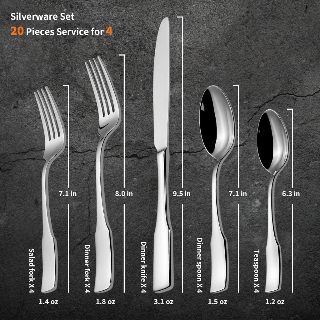 Alata Kate 20-Piece Silverware Set Stainless Steel Flatware Set,Service for 4,Mirror Polished Cutlery Set,Dishwasher Safe