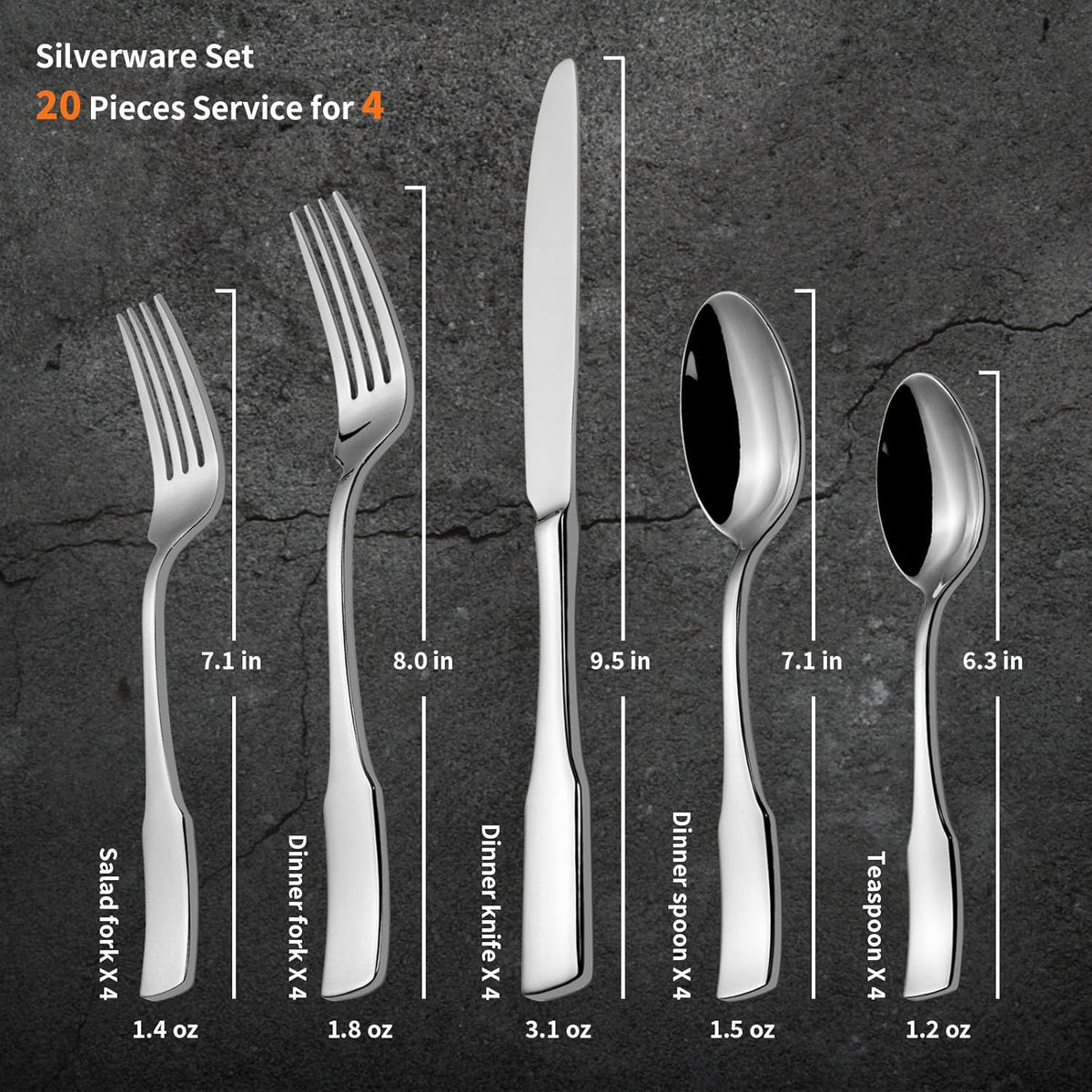 Alata Kate 20-Piece Silverware Set Stainless Steel Flatware Set,Service for 4,Mirror Polished Cutlery Set,Dishwasher Safe