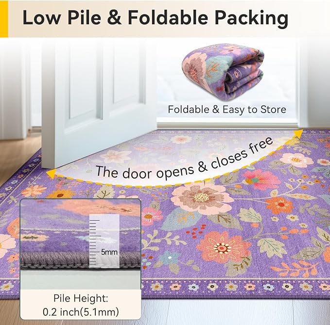 Floral Washable 2x4 Area Rugs Runner Entryway Hallway Purple/Pink | Flower - Image 6