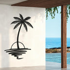 Metal Palm Tree with Sunset Wall Art, Large Outdoor Wall Decor, Tropical Beach Decor for Living Room, Bedroom, Garden Home Wall Sign, Perfect Metal Wall Art for Beach House (Black, 48 x 40 inches)