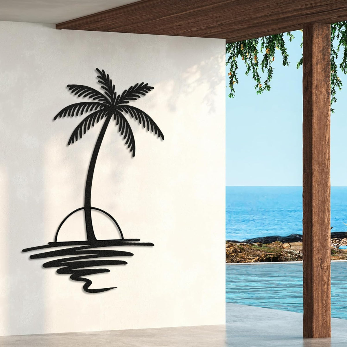 Metal Palm Tree with Sunset Wall Art, Large Outdoor Wall Decor, Tropical Beach Decor for Living Room, Bedroom, Garden Home Wall Sign, Perfect Metal Wall Art for Beach House (Black, 48 x 40 inches)