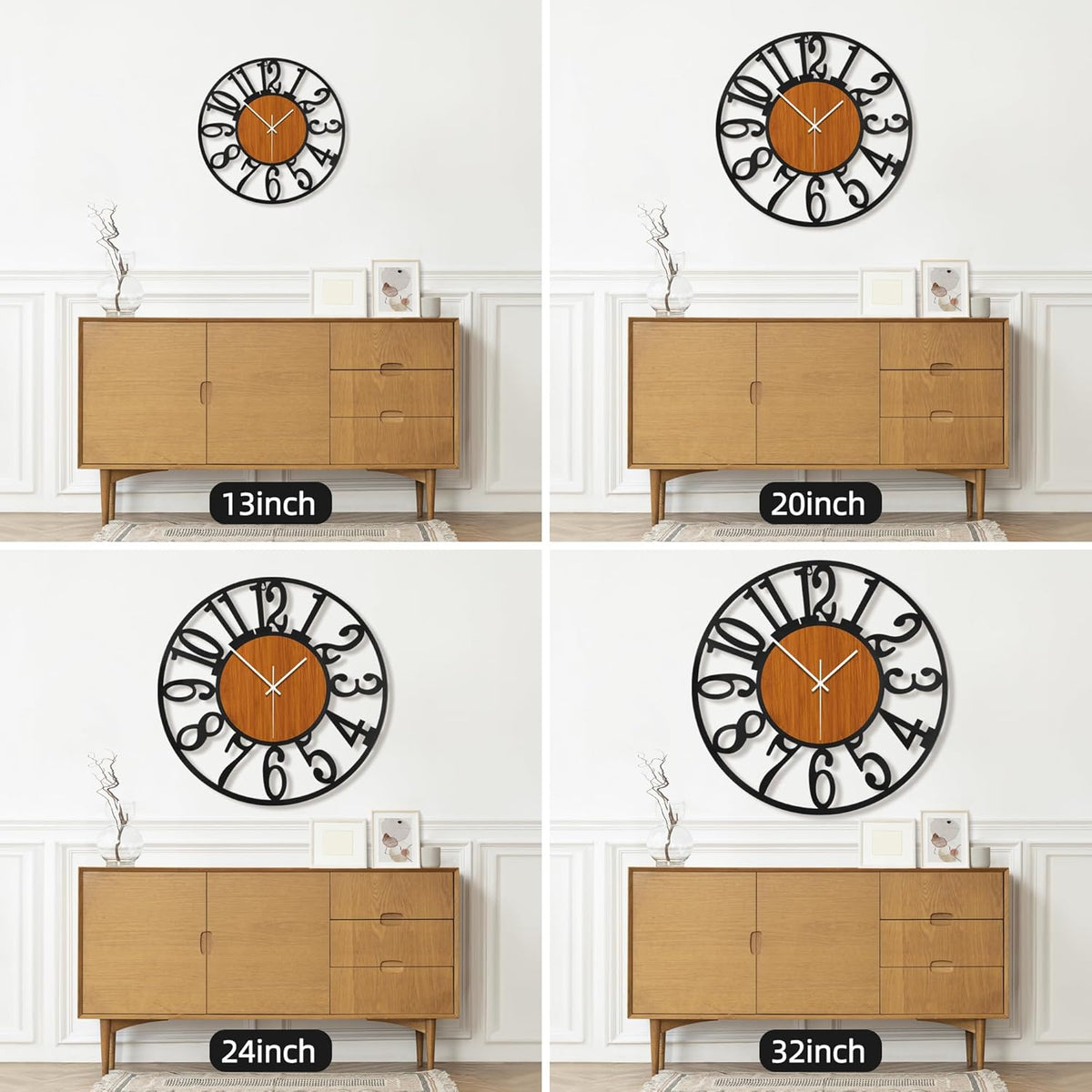 Maxstar Round Wall Clock for Living Room Decor Battery Operated Non Ticking Black Metal Wood Clocks for Home Living Room Garden Office Kitchen Decoration -13 inch