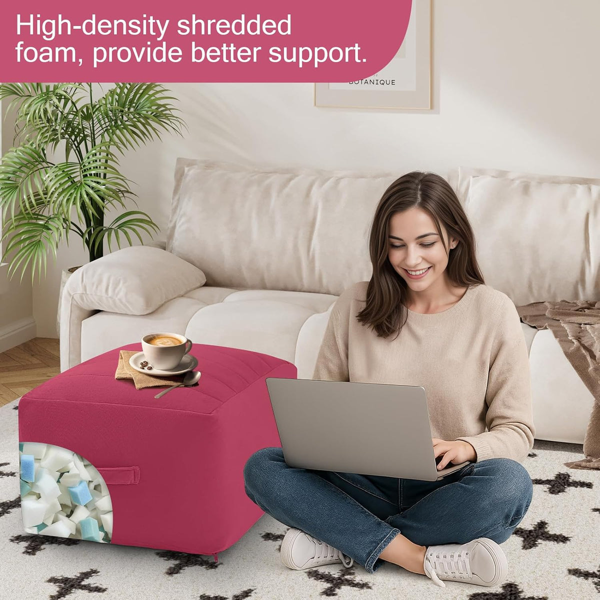 MeMoreCool Square Stuffed Pouf Ottoman Foot Rest, Floor Pouf Foot Stool with Foam Chunk Filling, Soft Stuffed Ottoman Footrest for Living Room
