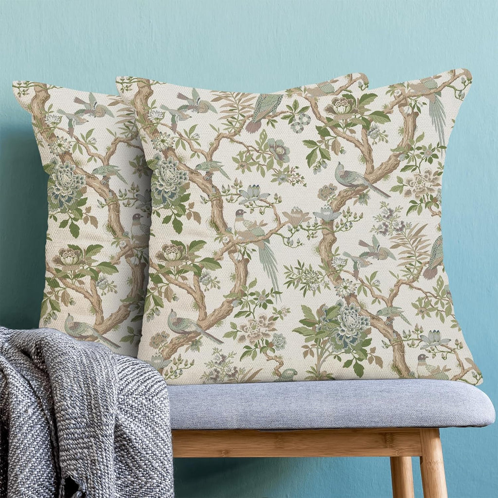 CXMEIFLY Chinoiserie Spring Pillow Covers 18 x 18 Inch Set of 2 for Sage Green Blue Vintage Flowers Bird Decor Throw Pillows Plant Farmhouse Outdoor Decorative Cushion Cases for Couch Bed Decorations