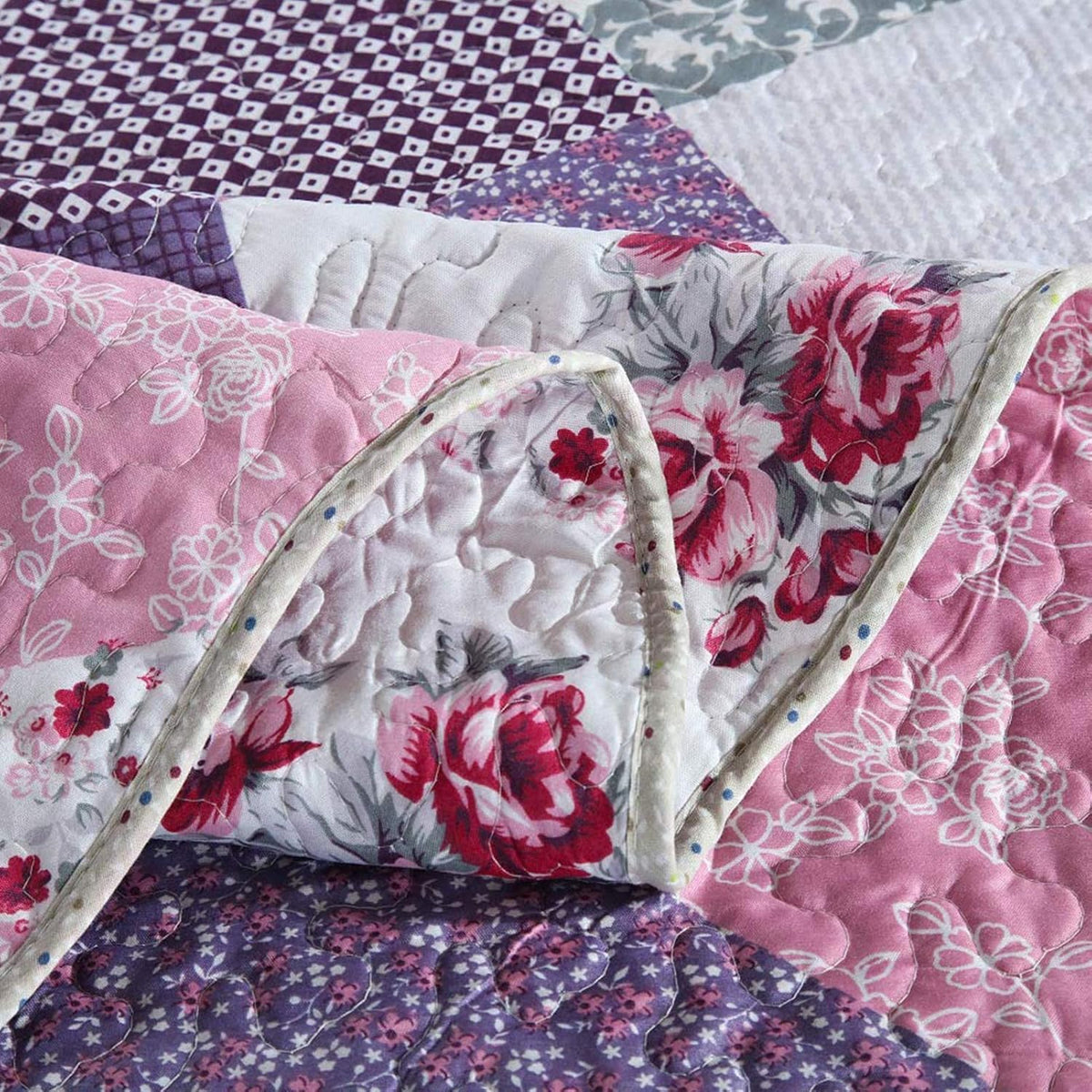 NEWLAKE Quilt Bedspread Sets-Floral Checkered Pattern Reversible Coverlet Set,King Size
