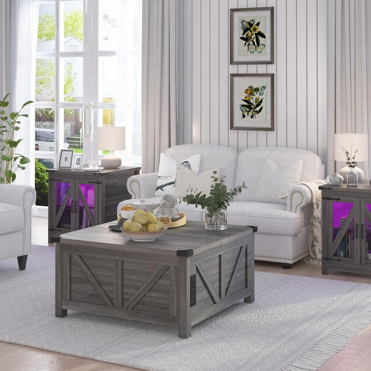 Farmhouse End Table, 24" Large Sofa Side Table with Charging Station, Mesh Barn Door, and Adjustable Storage Shelf, Rustic Wood Square Nightstand for Living Room, Bedroom, Office, Grey