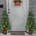 Set of 2 Christmas Trees with Lights 4-FT Artificial Potted Porch Berries and Pinecone Christmas Tree Battery Powered with 8 Modes and Timer for Indoor Outdoor