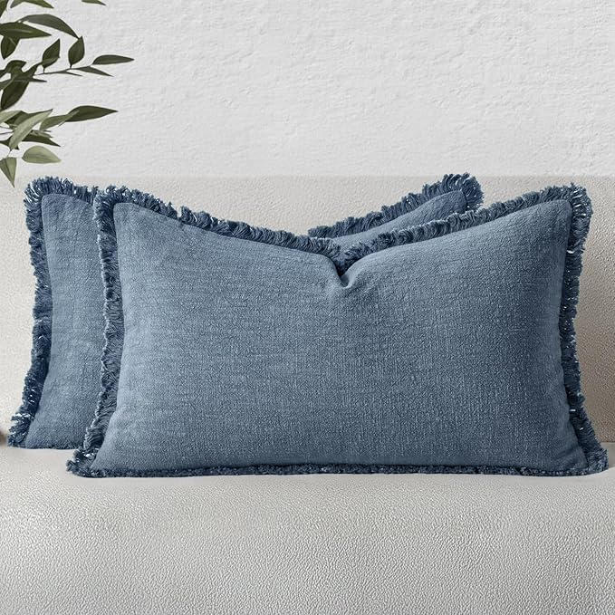 MIULEE Linen Fringe Decorative Lumbar Throw Pillow Covers Blue Ashes 12x20 | by MIULEE