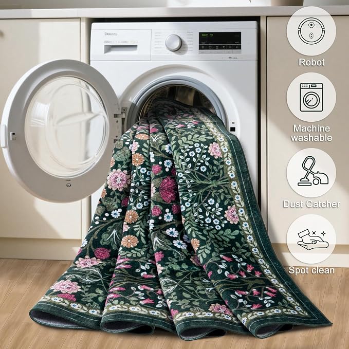PLHXFR 6x9 Area Rug Living Room: Floral Washable Boho Carpet Dark Green | - Image 6