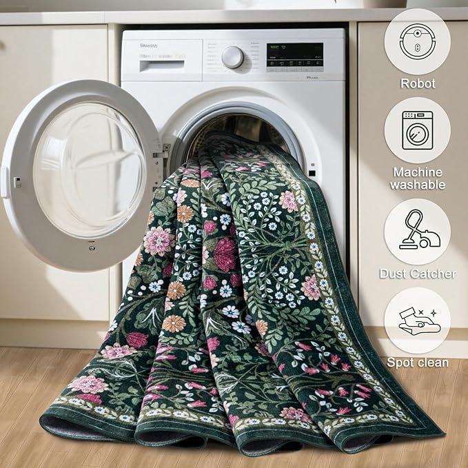 PLHXFR Area Rug Living Room: 5x7 Floral Washable Boho Carpet Dark Green | - Image 6