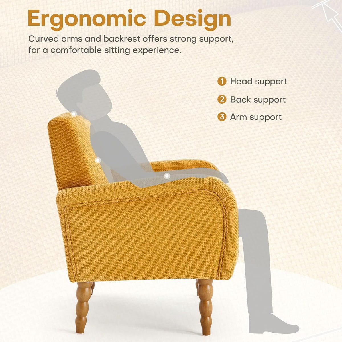 Chenille Fabric Accent Chair, Upholstered Armchair with Solid Wood Legs, Modern Living Room Accent Chair, Comfy Single Sofa Chair Reading Club Chair for Bedroom Reception Lounge, Yellow